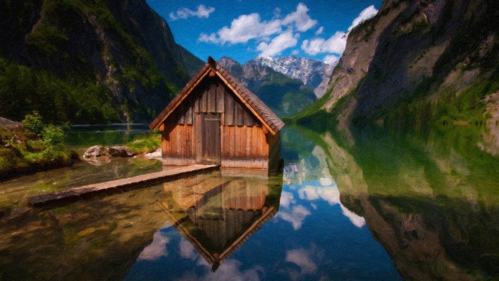 Wood Cabin On Mountain Lake Wallpapers - 1024x576 - 232272