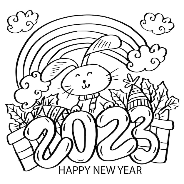 Premium vector happy new year with rabbit coloring pages
