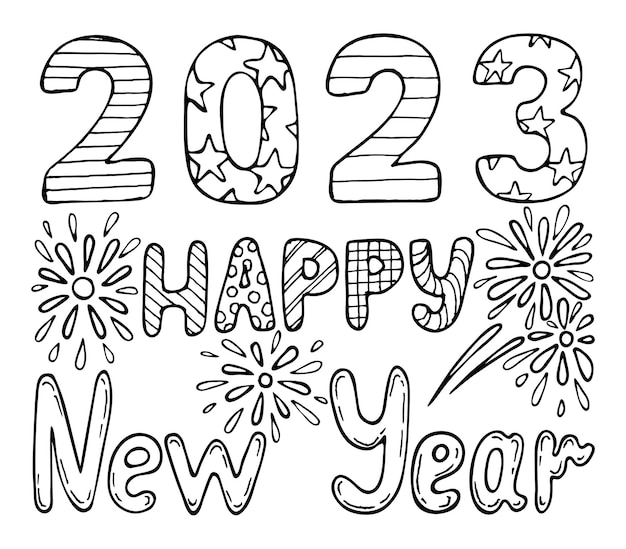 Premium vector coloring book happy new year hand drawn line art festive black white illustration coloring page for kids and adults