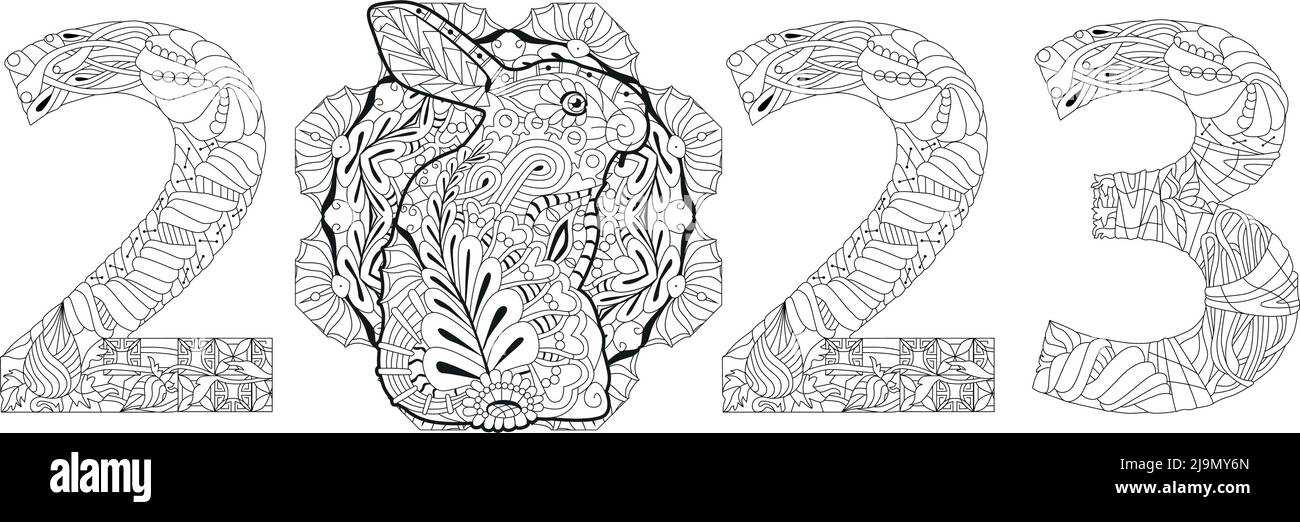 Hand drawn zentangle rabbir number for coloring pages for t