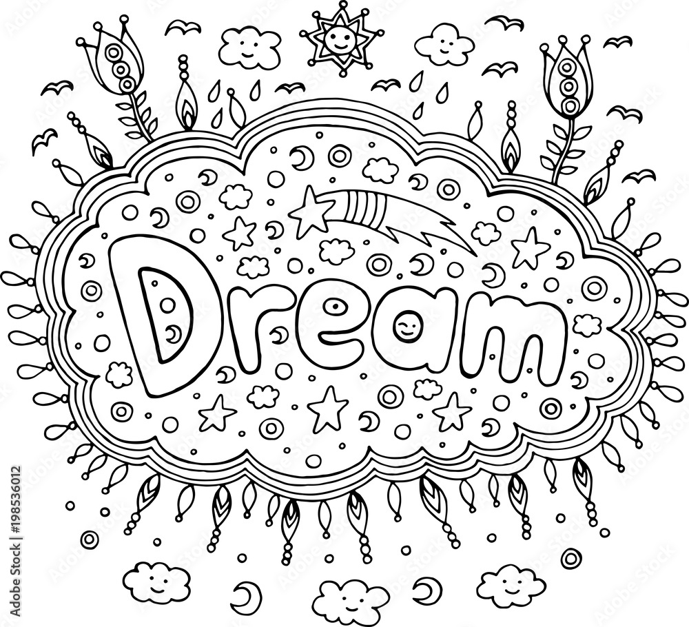 Coloring page for adults with mandala and dream word doodle let vector