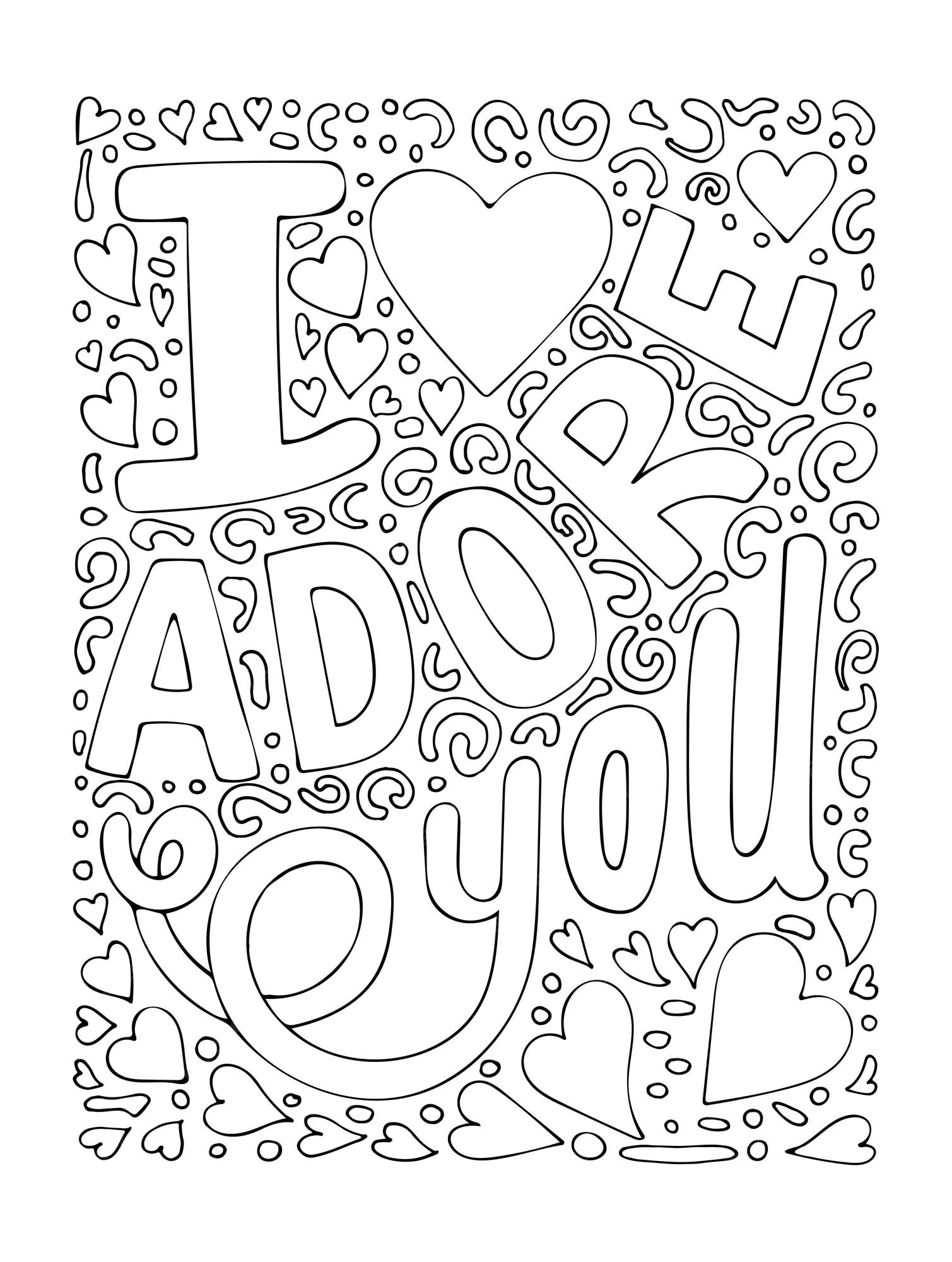 Premium vector coloring page with love lettering i adore you text with hearts valentine design hand drawn vector line art illustration coloring book for children and adults romantic black and white