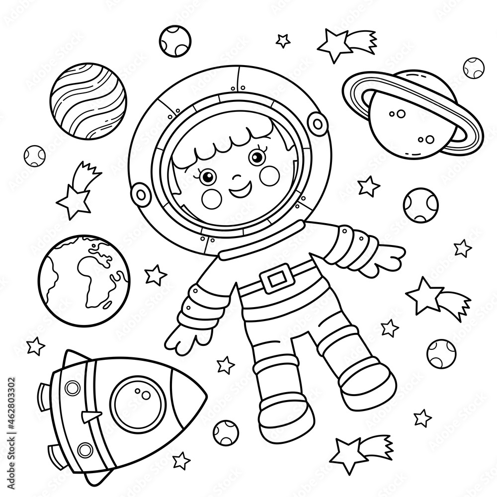 Coloring page outline of a cartoon astronaut with rocket in space little spaceman or cosmonaut coloring book for kids vector