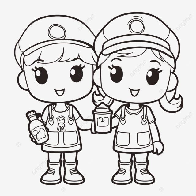 Two little girls with bottles holding up pom poms coloring page free coloring pages at outline sketch drawing vector wing drawing girl drawing ring drawing png and vector with transparent background for