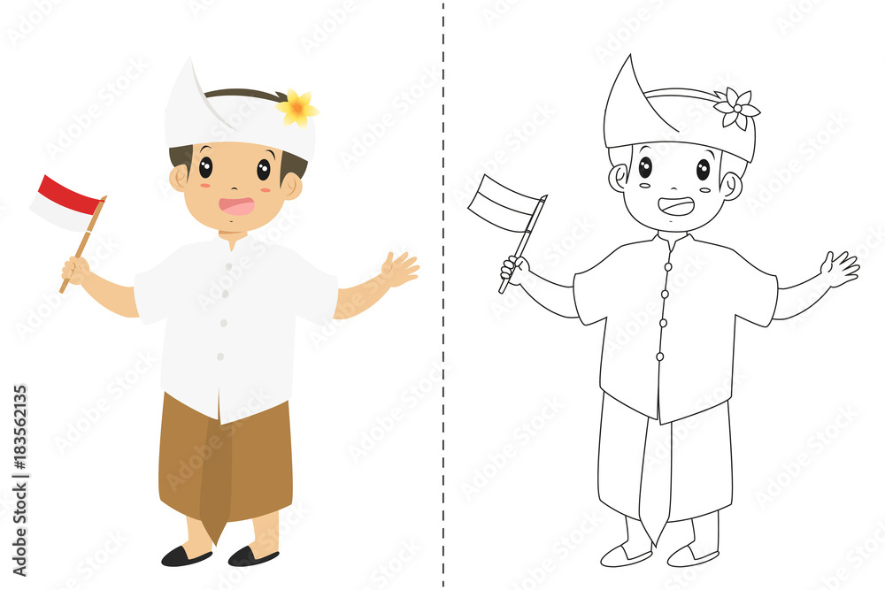 Indonesian boy wearing bali traditional dress and holding an indonesian flag children wearing indonesian traditional dress black and white outline cartoon vector for coloring page vector