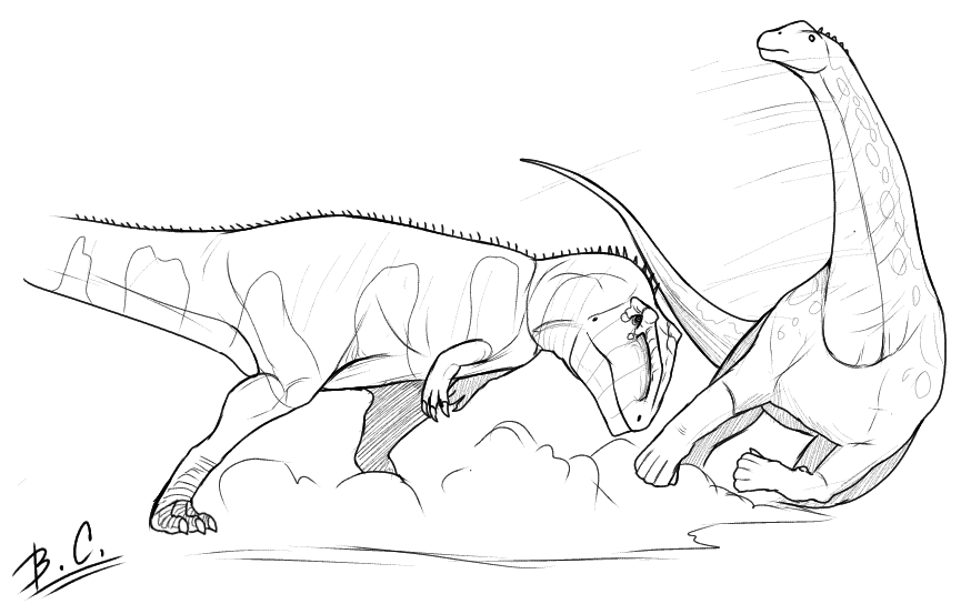 A giganotosaurus knocks over an adolescent andesaurus by me rdinosaurs