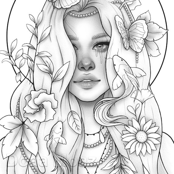 Adult coloring page fantasy girl animal portrait