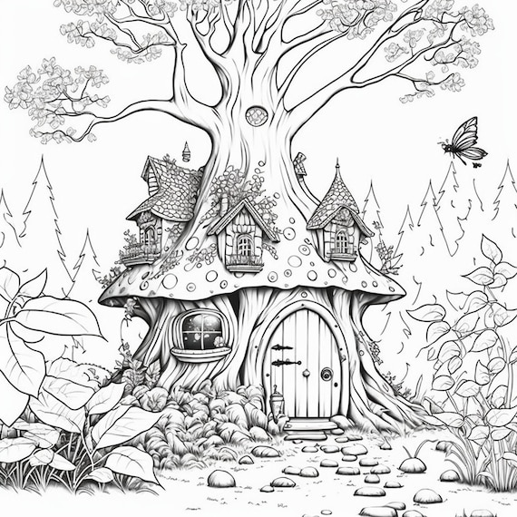 Adult grayscale coloring pages fairy houses adult printable book book digital download not a physical product