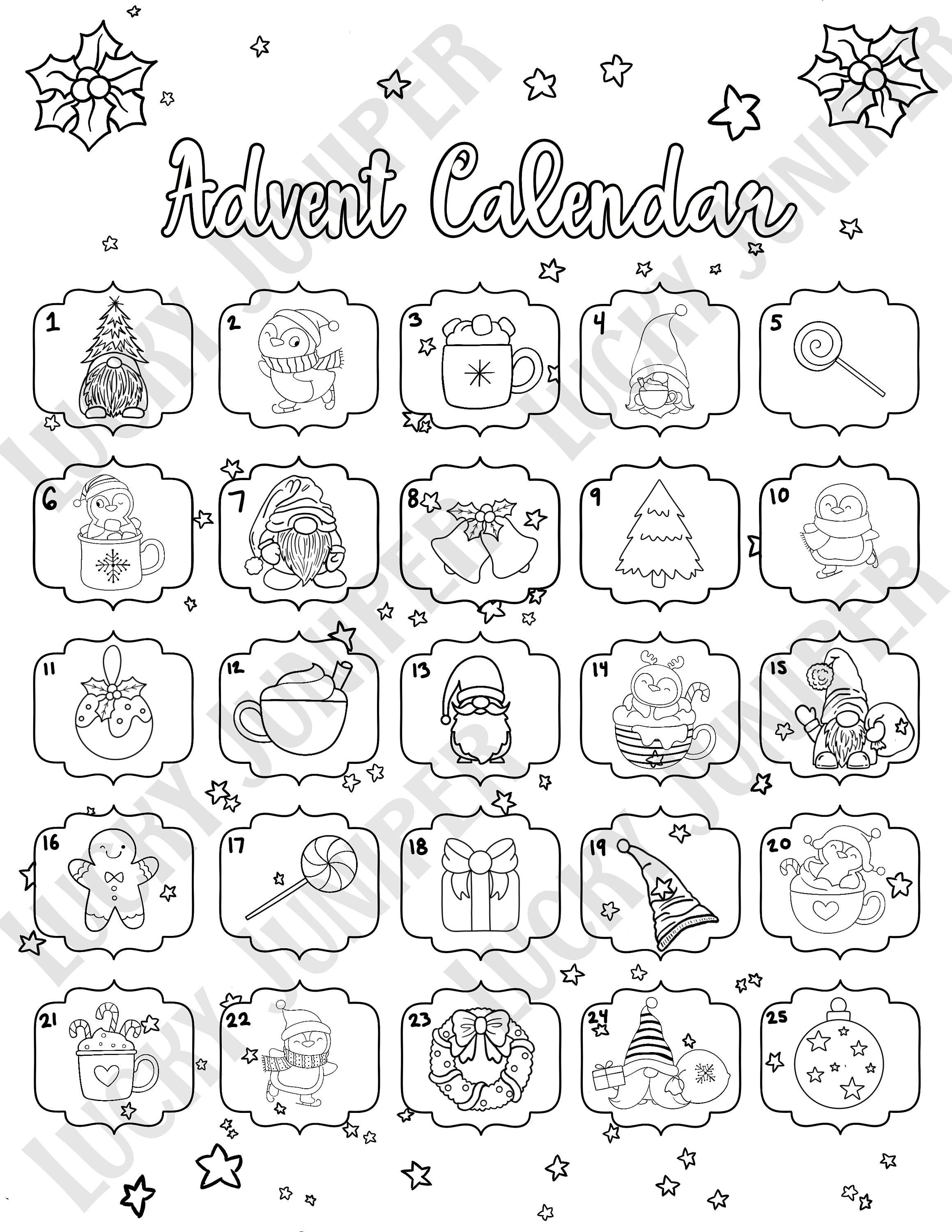 Penguins gnomes advent calendar printable coloring pages christmas countdown holiday download now