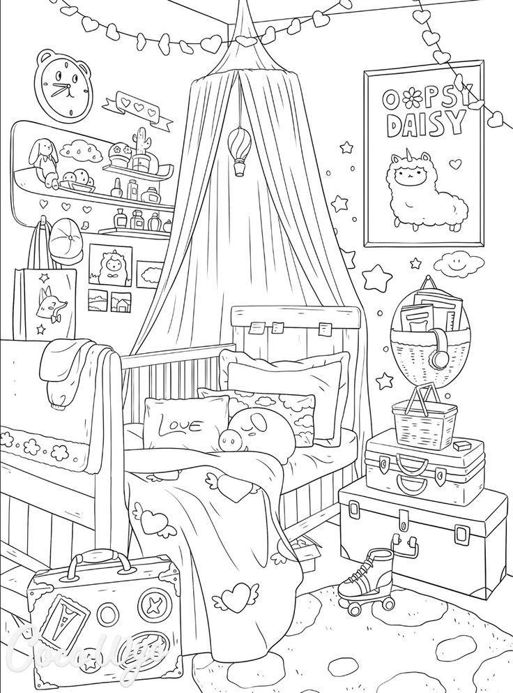 Aesthetic cozy bedroom drawing