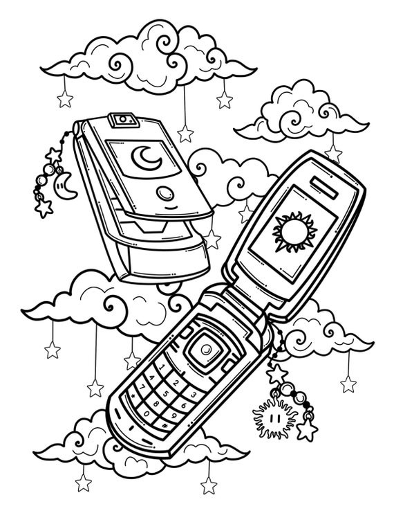 Kawaii flip phone coloring page aesthetic anime coloring page fantasy printable coloring