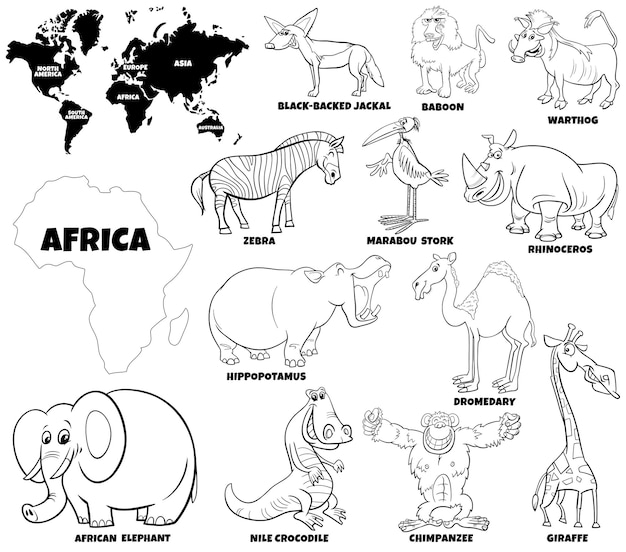 Premium vector cartoon illustration of african animal characters set coloring book page