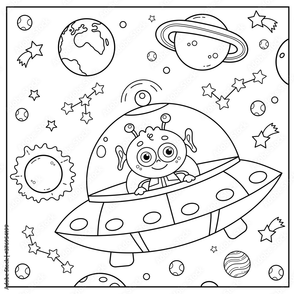 Coloring page outline of a cartoon flying saucer with alien in space coloring book for kids vector