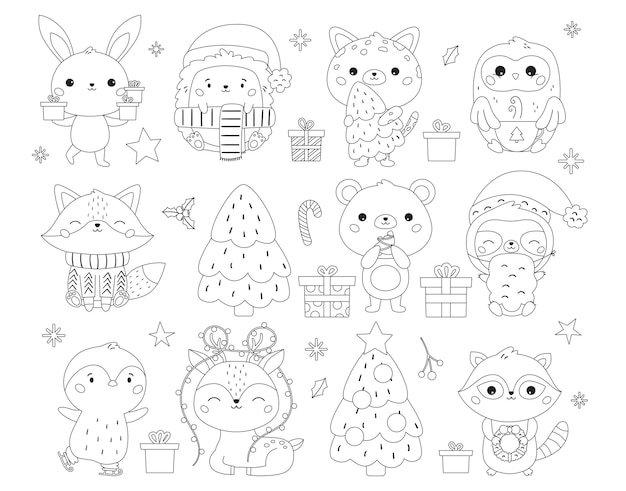 Premium vector christmas and new year coloring page with cute animals gifts and sweets