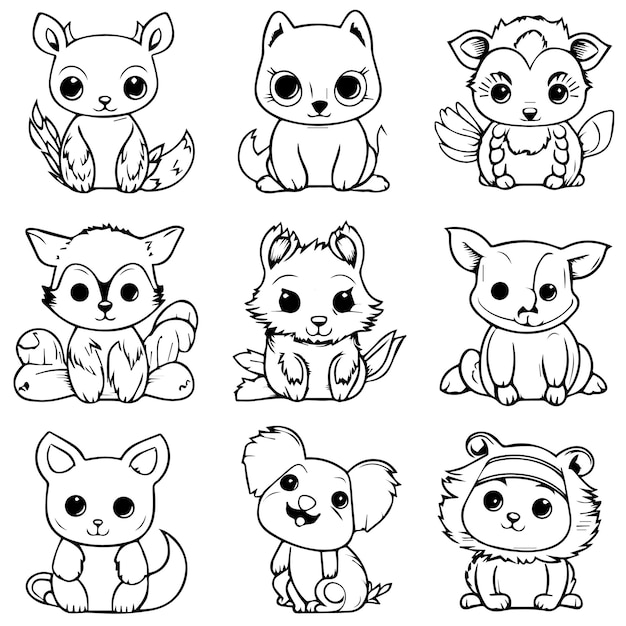 Premium vector a set of cute animal line art coloring book pages for kids