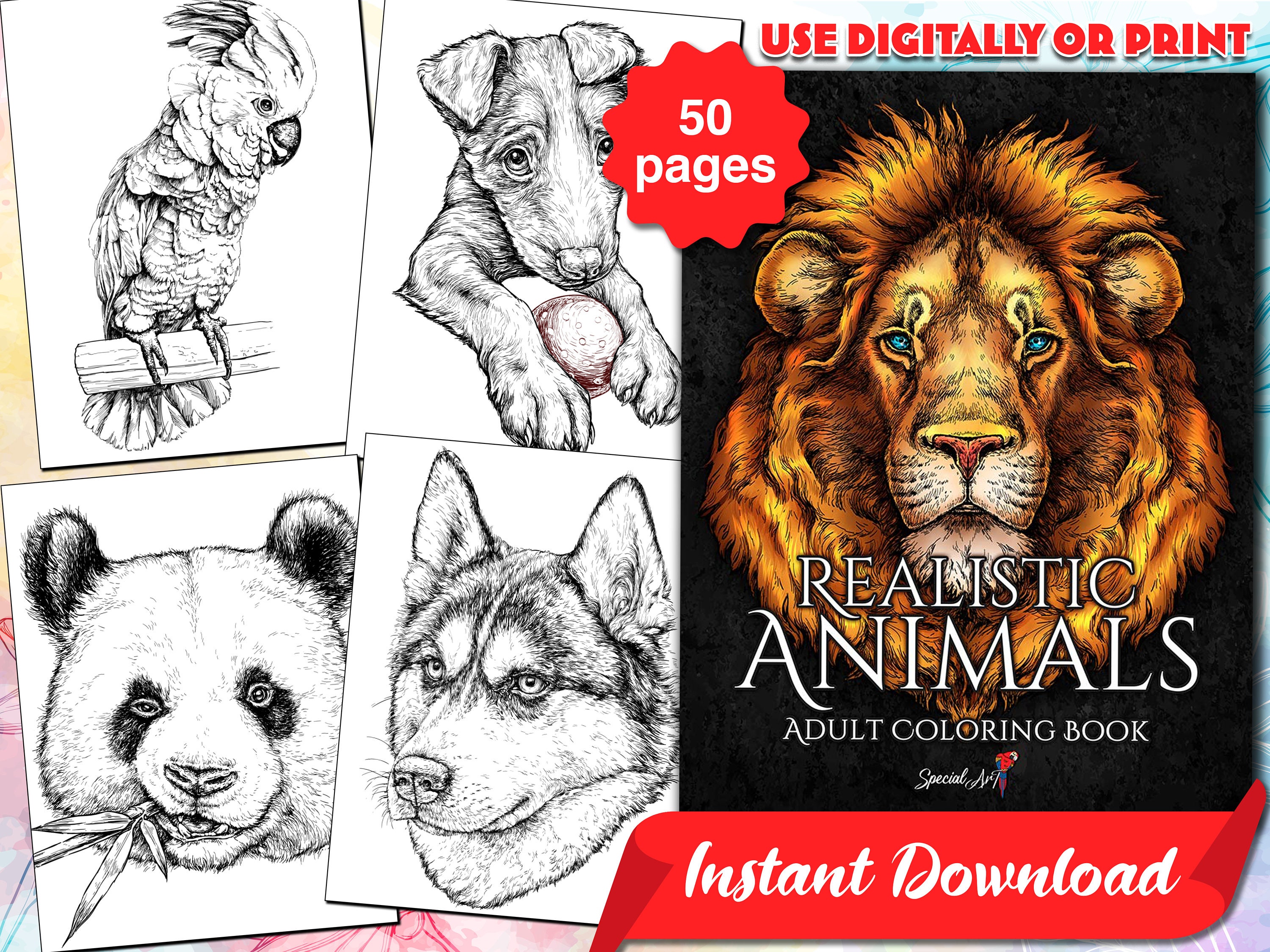 Realistic animals an adult coloring book with a high quality coloring pages of animals printable pdf instant download