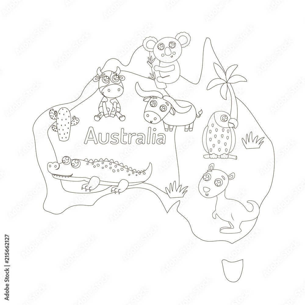 Coloring page with animal map of australia for kids vector