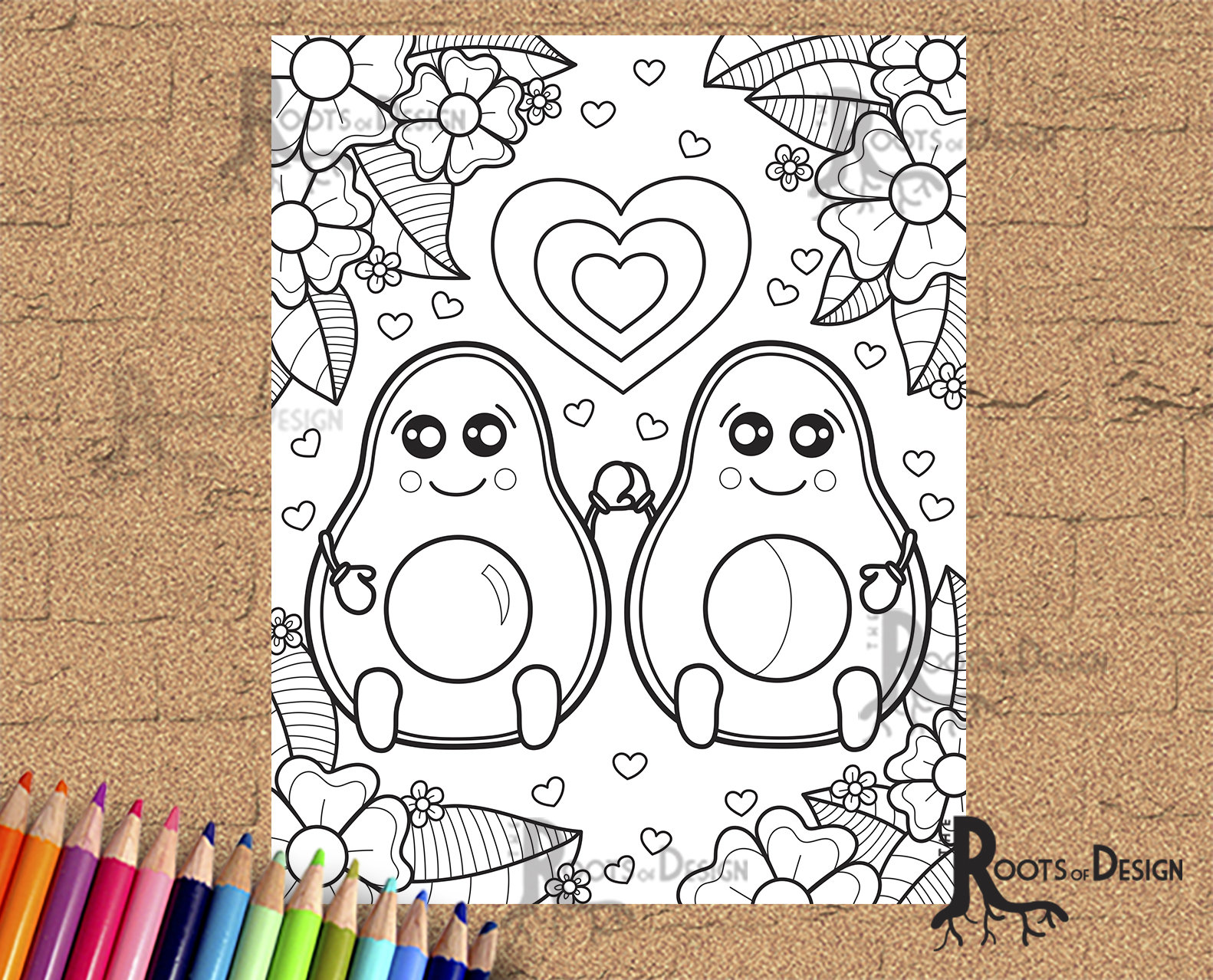 Instant download coloring avocado love art coloring page
