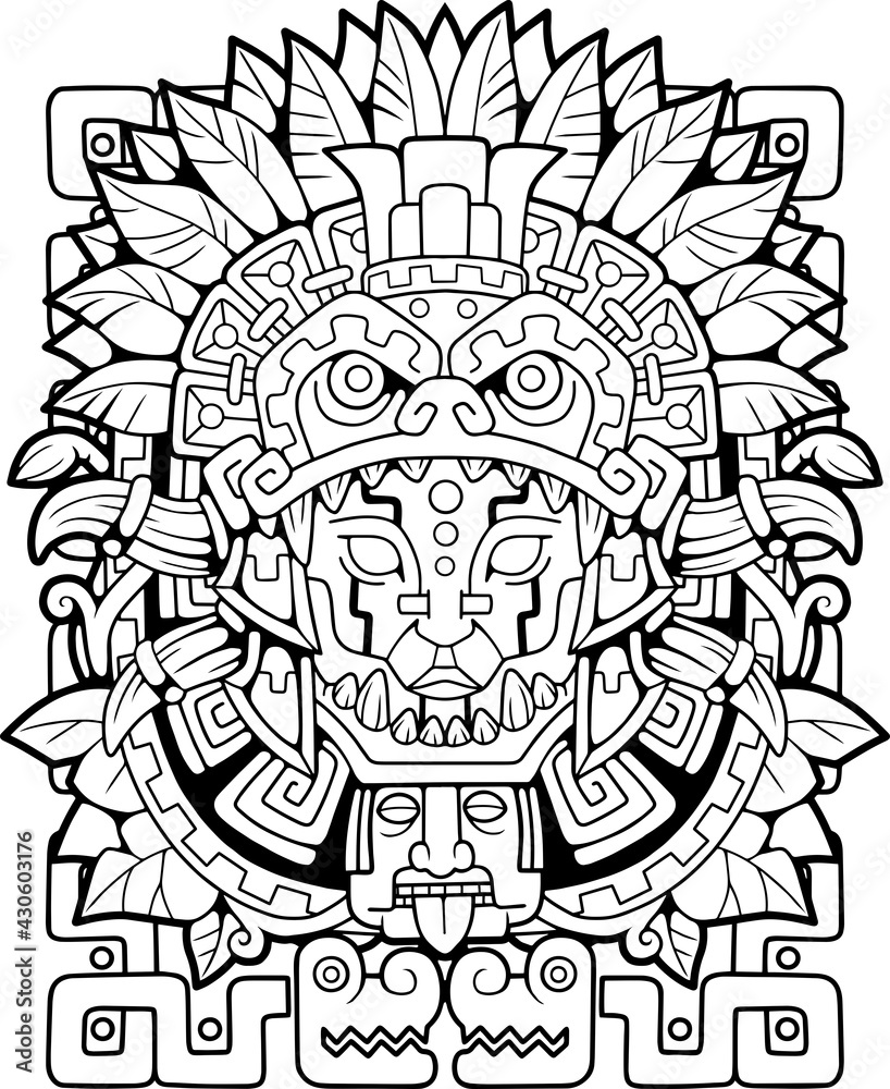 Aztec head ethnic pattern coloring book outline illustration vector