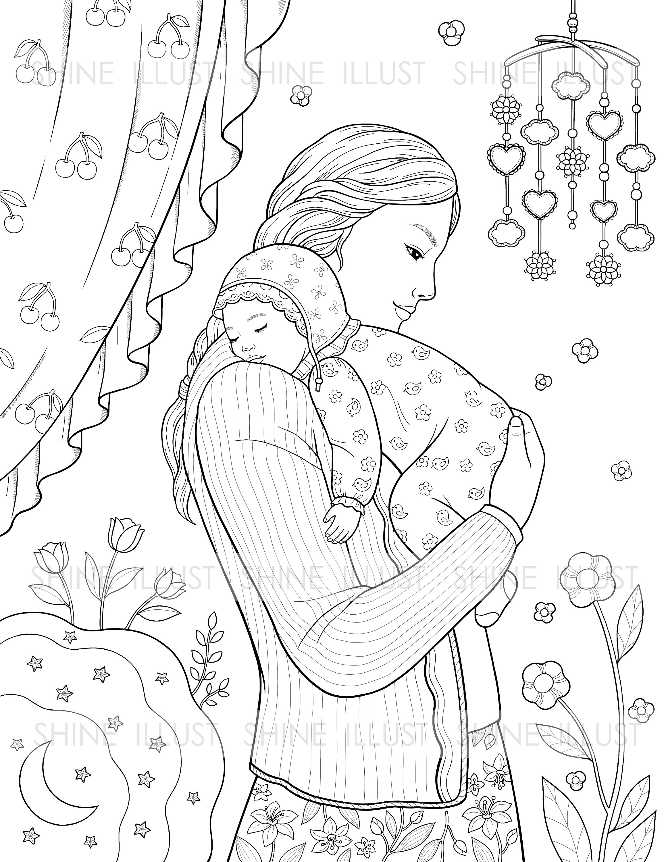 Mom and baby sleeping baby printable coloring page coloring sheet baby room coloring page coloring baby coloring print