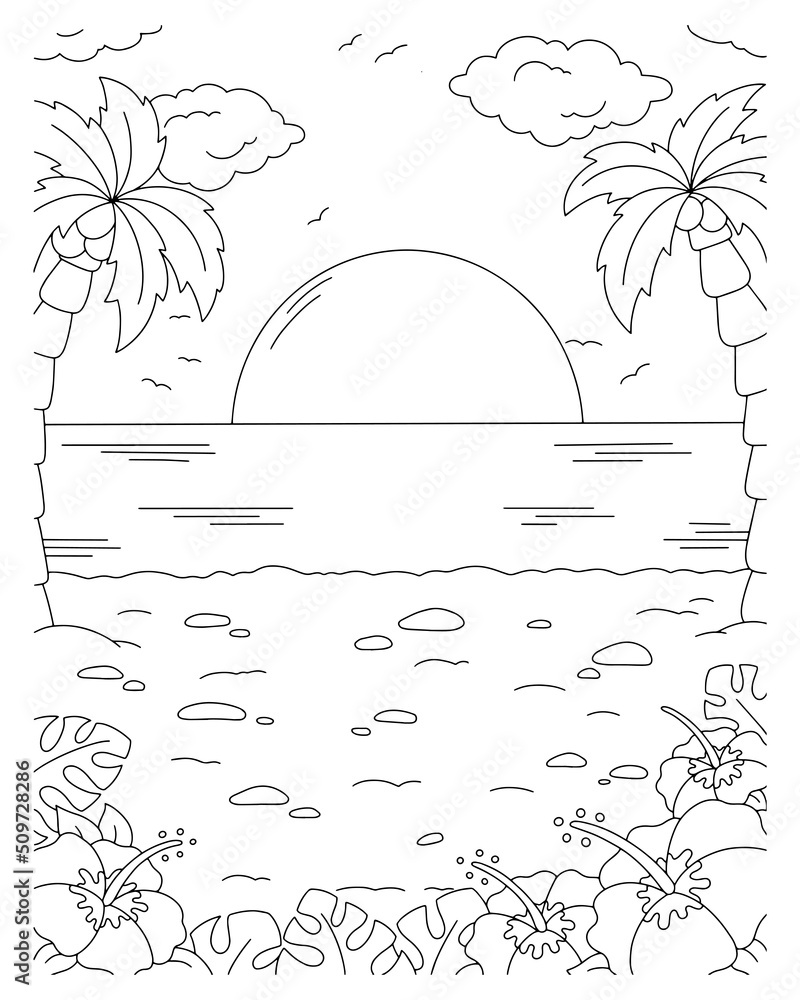 Wonderful natural landscape with beach coloring book page for kids cartoon style vector illustration isolated on white background vector