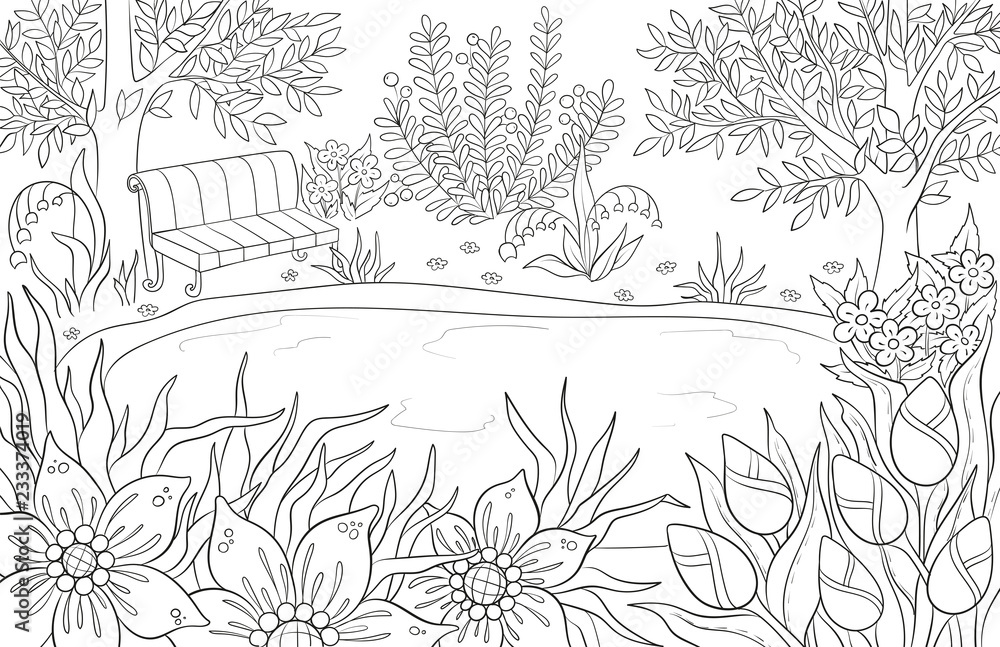 Coloring page for adult and kids coloring book or bullet journal summer landscape with bench tees leaves flowers and lake black and white scenery vector background vector