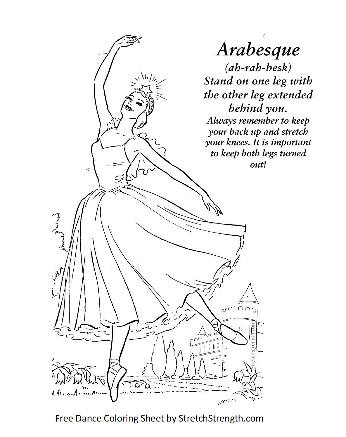 Free ballet dancer vocabulary coloring sheet