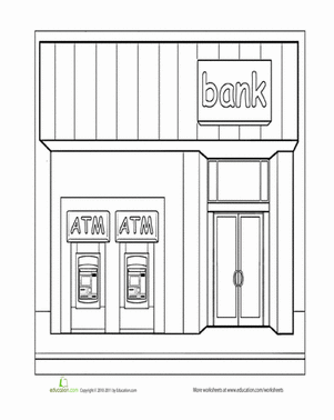 Paint the town bank worksheet education munity places coloring pages house colouring pages