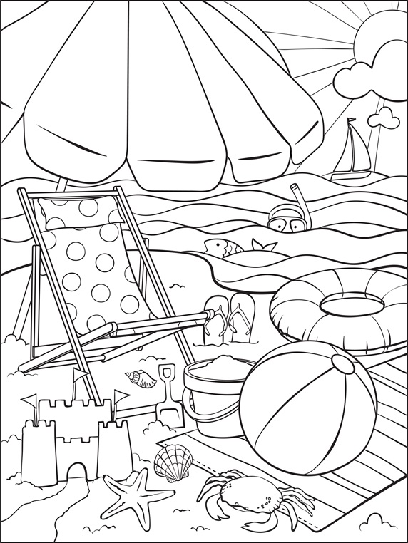 At the beach coloring page