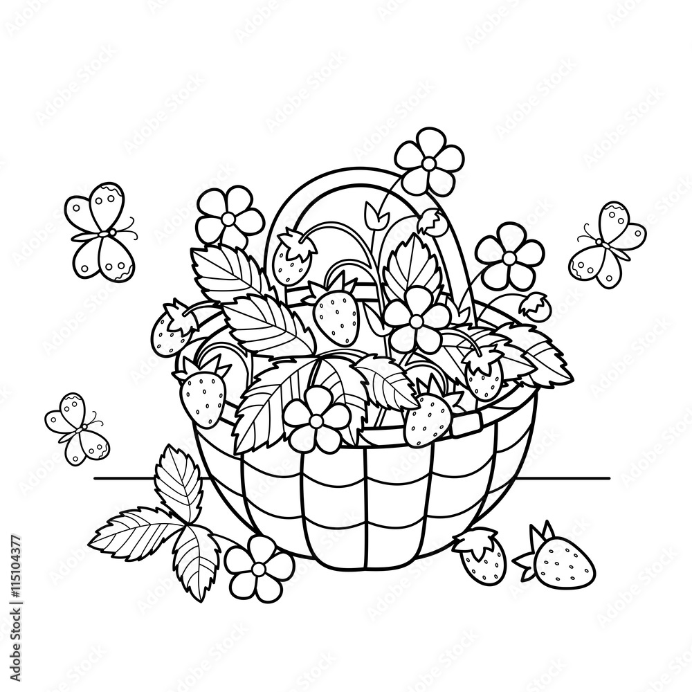 Coloring page outline of cartoon basket of berries garden strawberry summer gifts of nature coloring book for kids vector