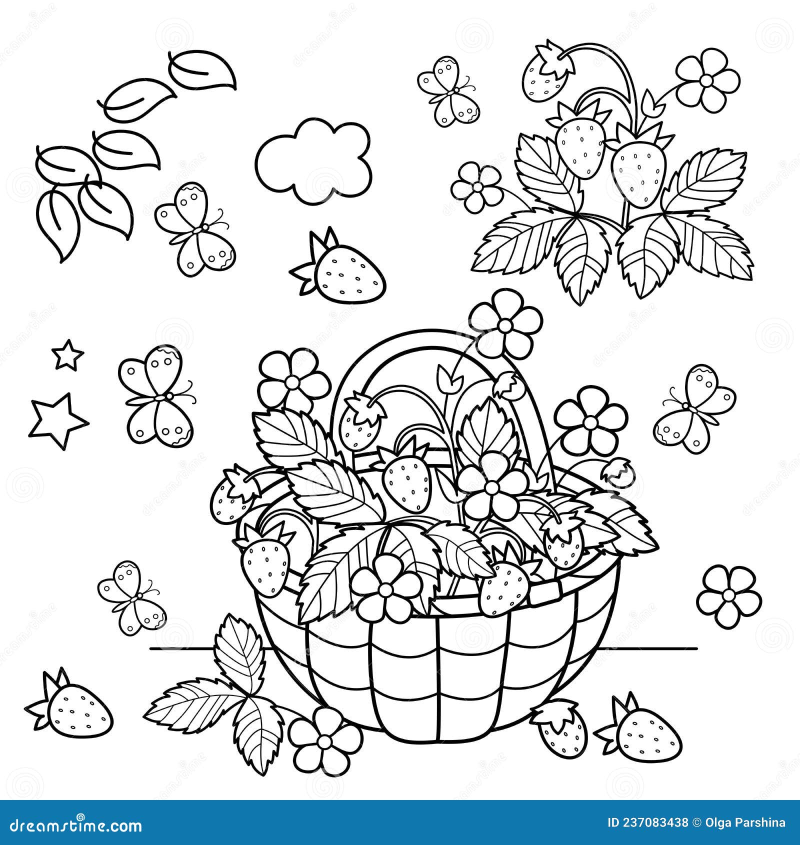 Coloring page outline of cartoon basket of berries garden strawberry summer gifts of nature stock vector