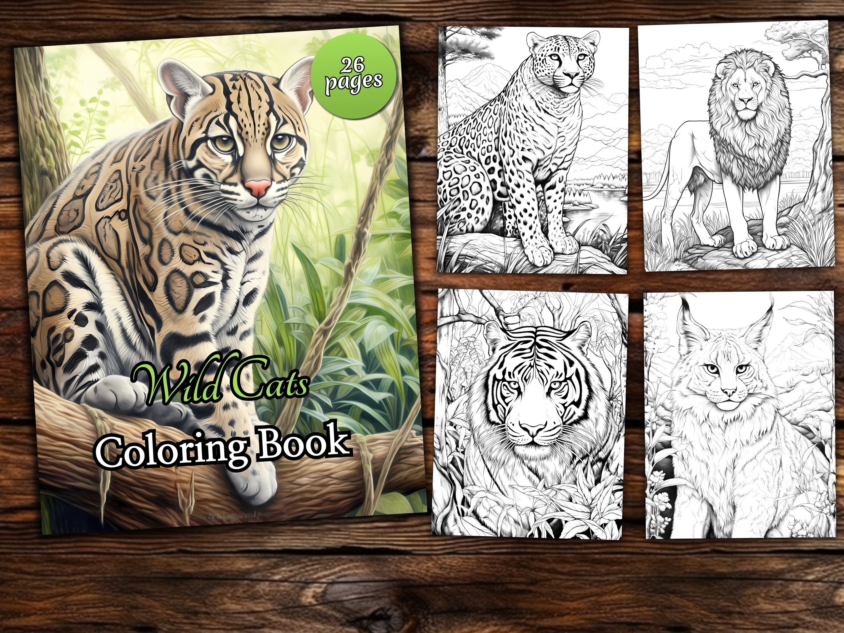 Wild cats coloring page book fantasy coloring book adult coloring book grayscale coloring page animal coloring page