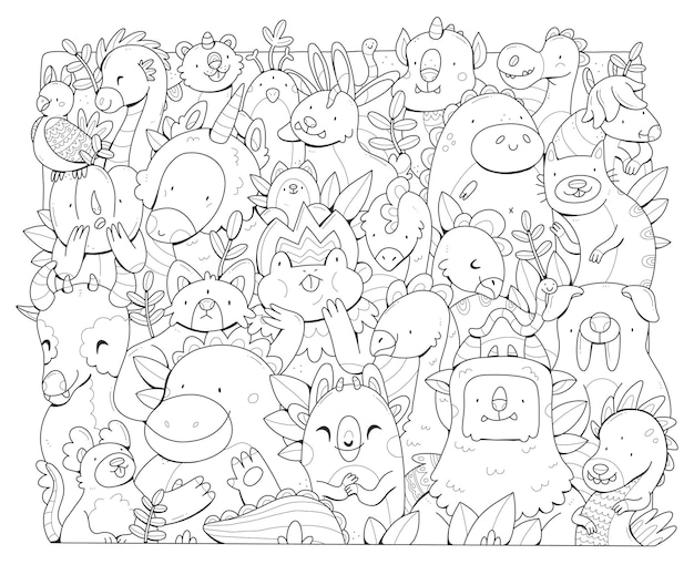 Premium vector monsters big doodle coloring book the coloring page poster with different cute creatures