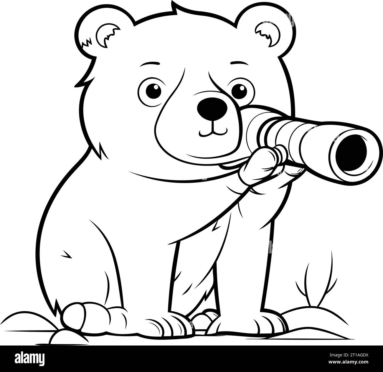 Black and white cartoon illustration of bear with binoculars for coloring book stock vector image art