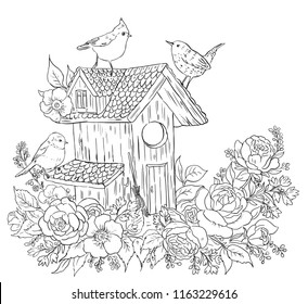 Coloring page adults birds birdhouse flowers stock vector royalty free