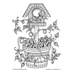 Spring birdhouse with flowering vines coloring page