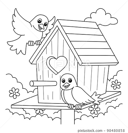 Spring birdhouse coloring page for kids