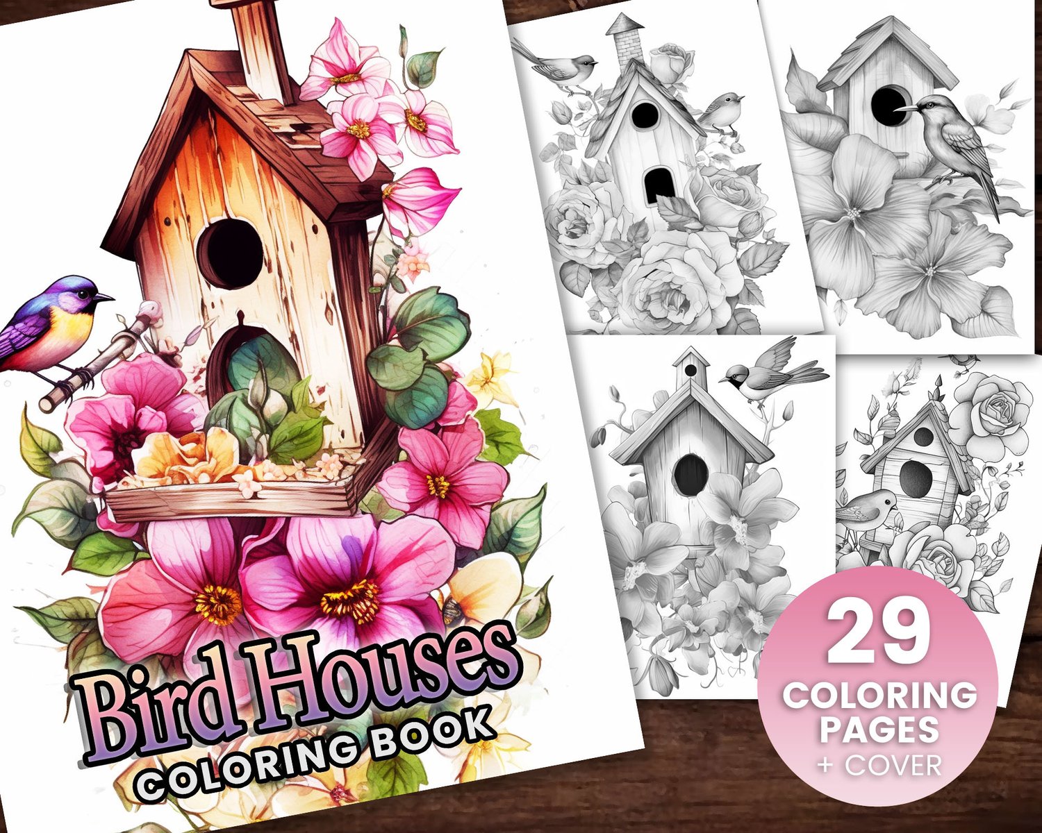 Bird houses cute coloring page book adults kids instant download grayscale coloring page printable pdf birds beauty birds flowers