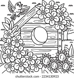 Spring bird house flowers coloring page stock vector royalty free