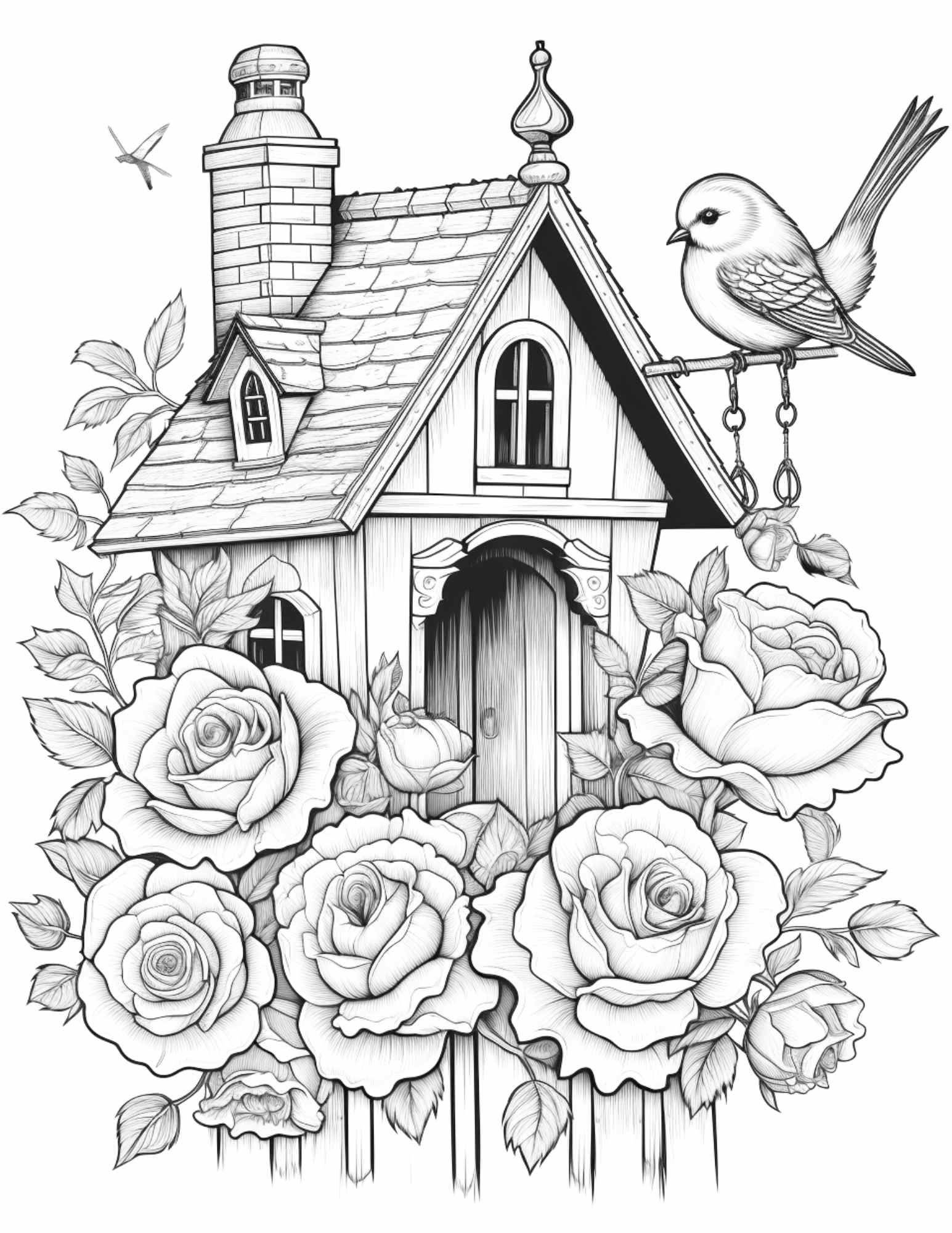 Free flower bird house grayscale coloring pages printable for adults â coloring