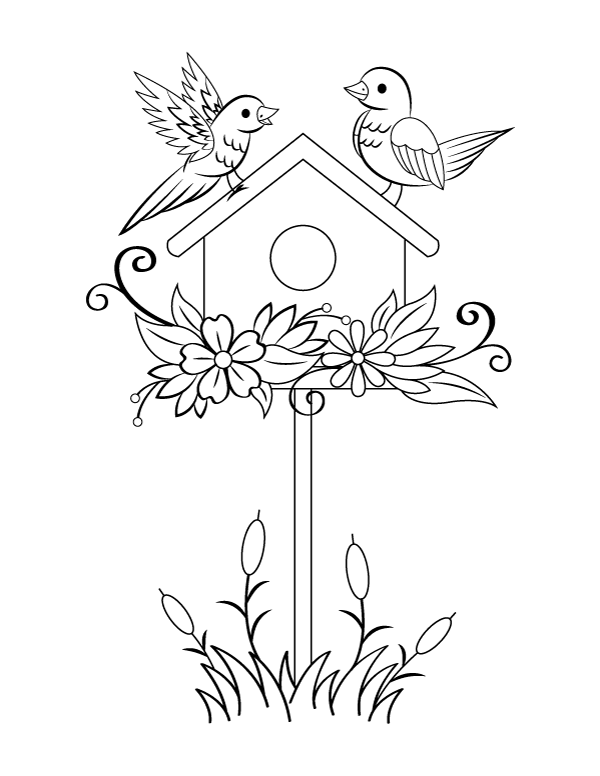 Printable spring birdhouse coloring page