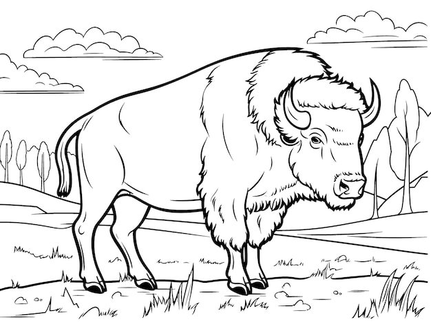 Premium ai image bison coloring book page black and white outline zoo animals illustration for children