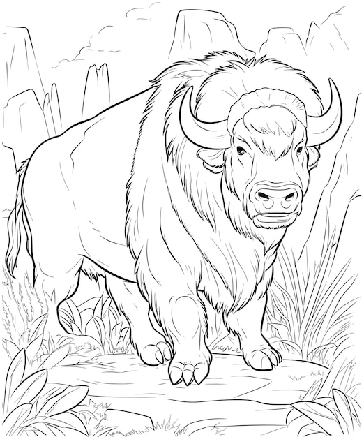 Premium vector american bison in the wild coloring page for kids