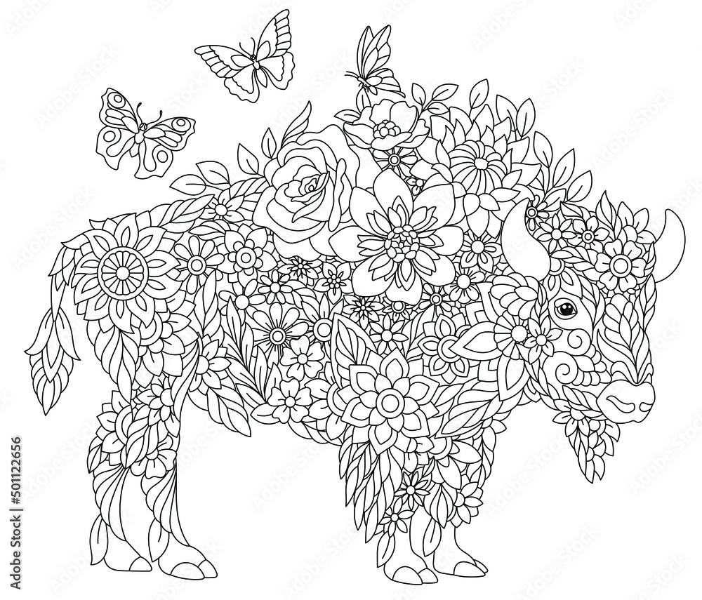 Floral adult coloring book page fairy tale bison or buffalo ethereal animal consisting of flowers leaves and butterflies vector