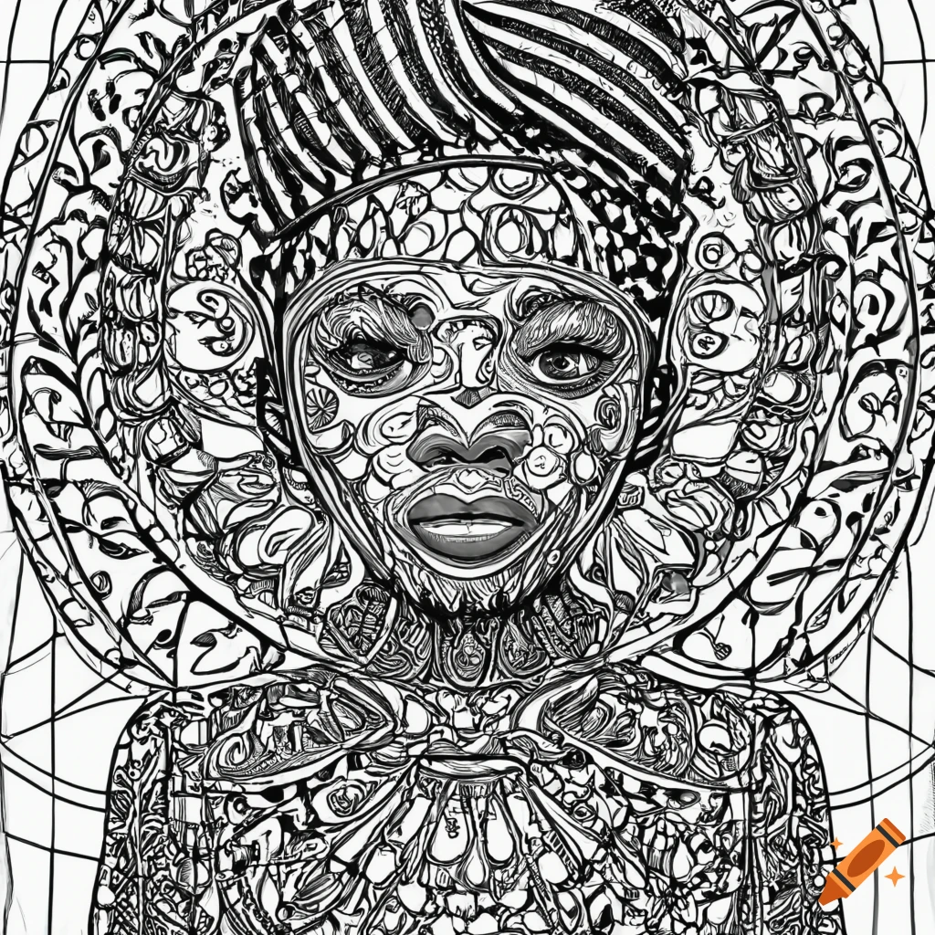 Coloring book page with african men women and children on