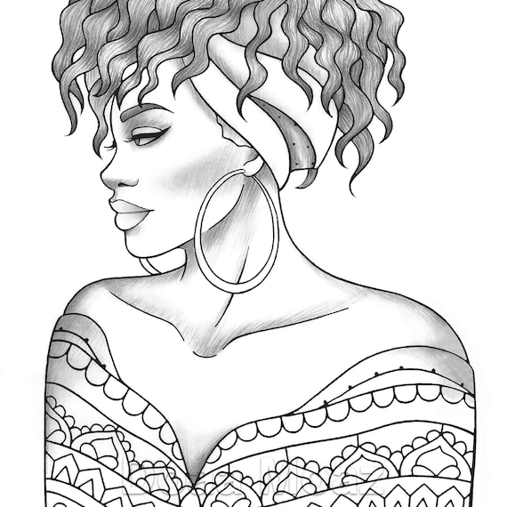 Printable coloring page black girl portrait and clothes colouring sheet fashion pdf adult anti