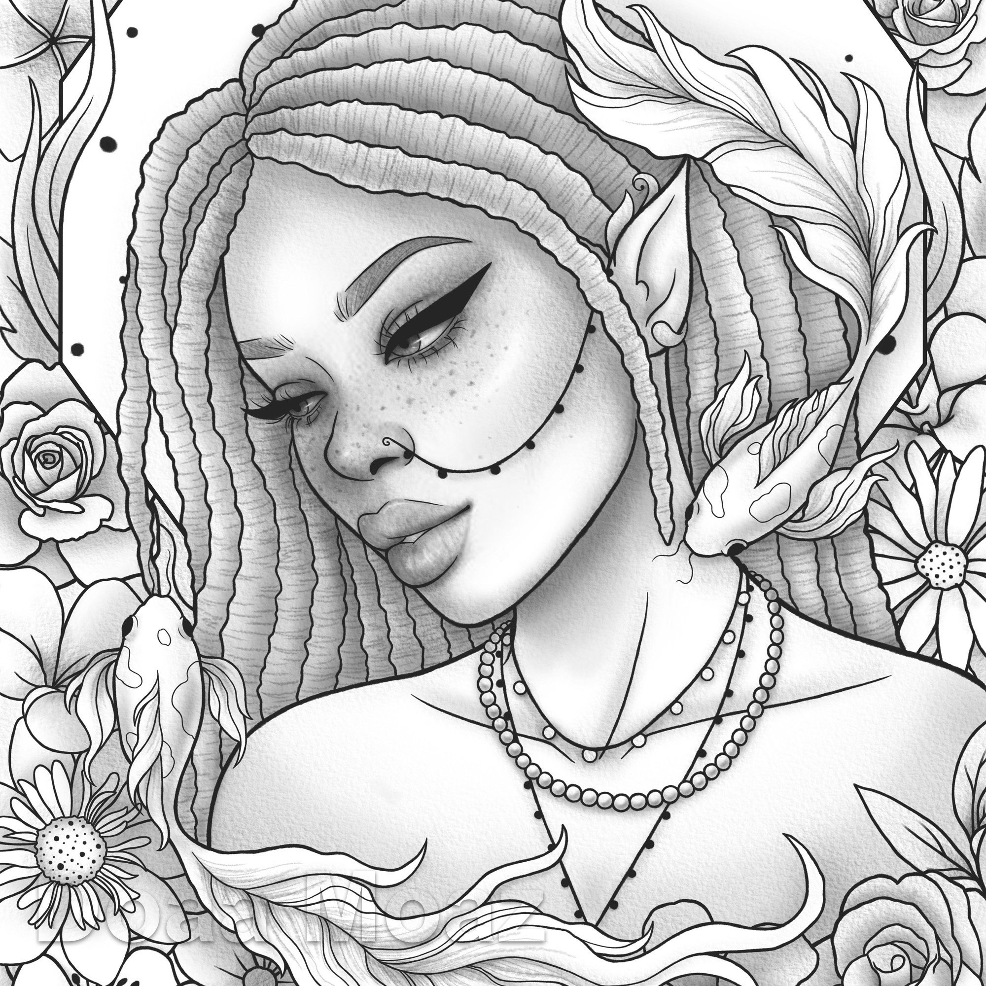 Printable coloring page black girl dreadlocks floral portrait