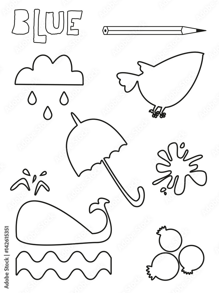 Coloring page blue things set single color worksheets whale ink rain wave blueberrie umbrella bird vector illustration silhouette isolated for education and activities vector