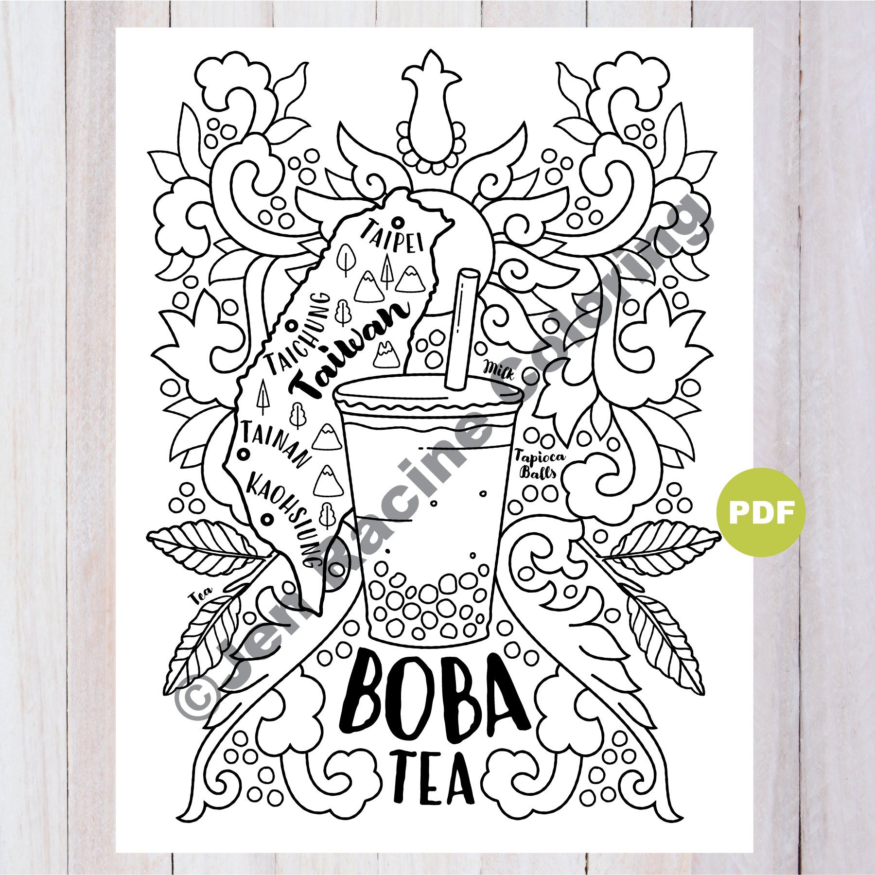 Boba tea coloring page tea artwork digital download coloring