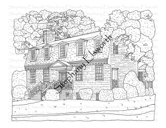 Frances land house colonial american architecture x instant download printable coloring sheet